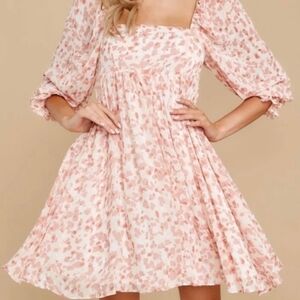 Storia Pink Leopard Babydoll Chiffon Mini Dress 3/4 Puff Sleeves M